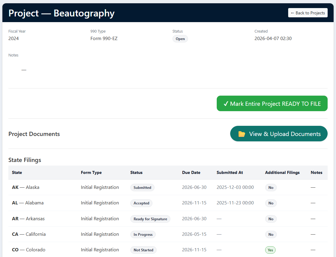 RegiSTAR US project filings dashboard